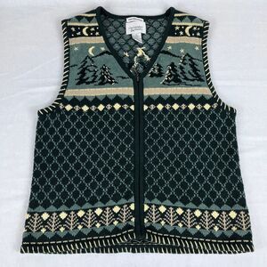 Vintage Christopher & Banks Forest Night Sky Sweater Vest Zip Medium